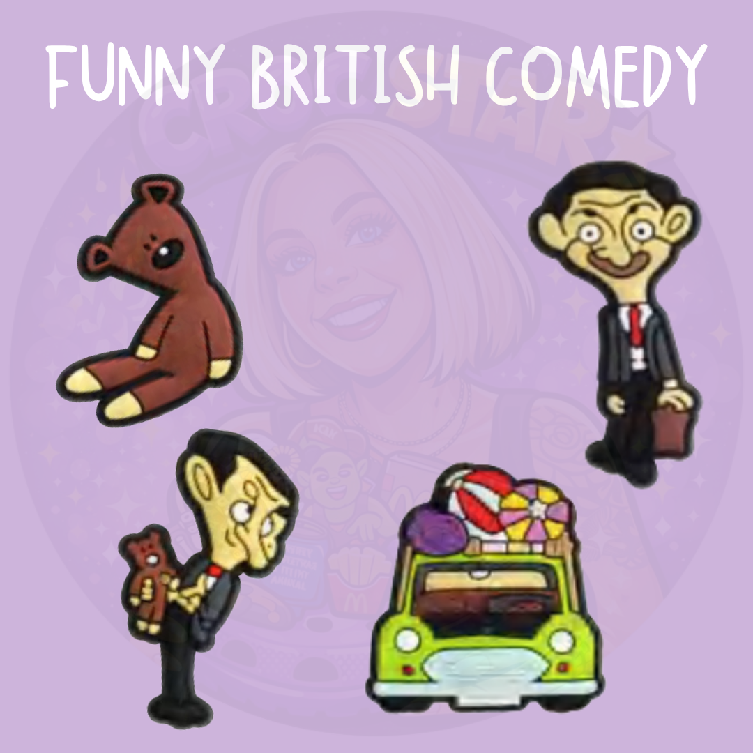 Funny British comedy shoe charms featuring an awkward gentleman, teddy bear and classic British television inspired character designs