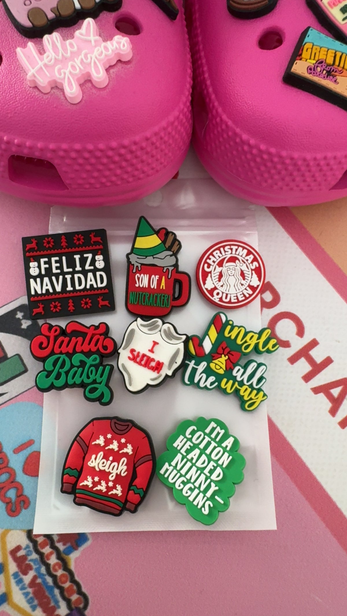 8 piece funny Christmas shoe charm set with festive slogans and designs