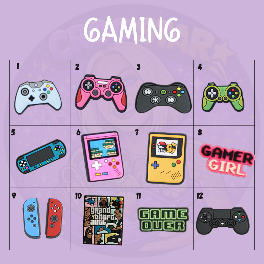 Video game shoe charms and gamer clog charms including Nintendo Switch style controller, PlayStation style controller, retro handheld games and Game Over charm