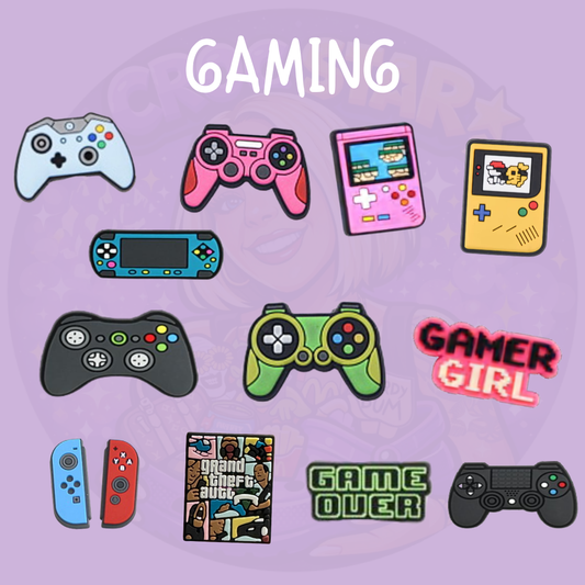 Gaming Croc charms featuring video game controllers, handheld consoles, retro gaming designs and Gamer Girl charm