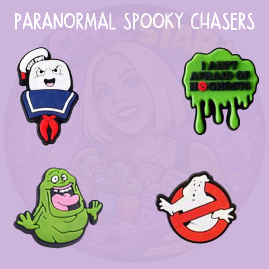 Paranormal themed Croc charms featuring a ghost hunter, slimy green warning sign, friendly green ghost and supernatural ghost symbol
