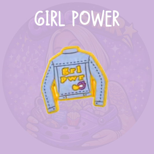 Girl Power Croc charm featuring a retro denim jacket design with empowering pink lettering
Feminist Girl Power shoe charm with denim jacket design for women and girls
