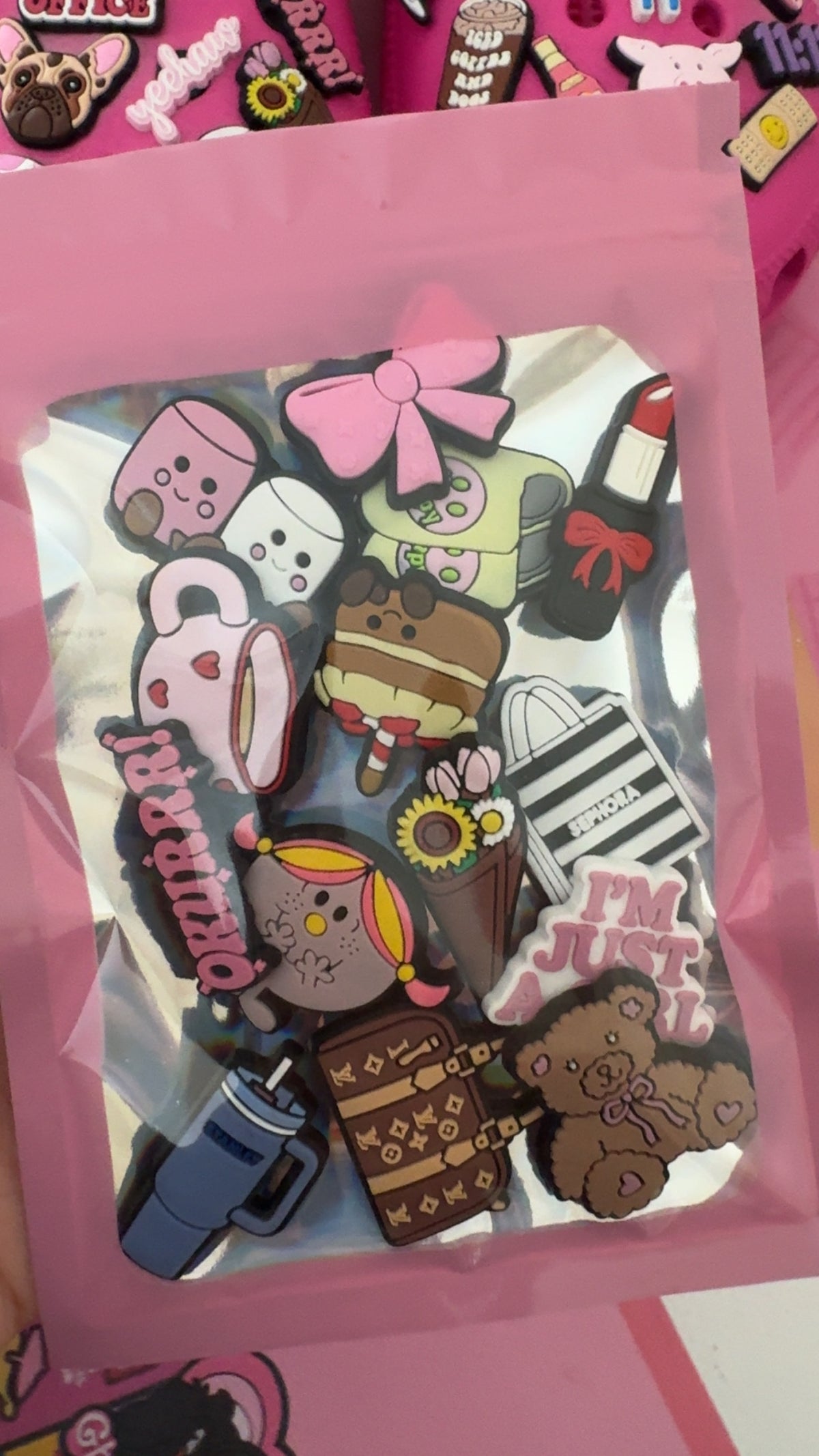 14-piece I'm Just a Girl Croc charm bundle featuring pink, beauty, coffee, shopping, travel and cute lifestyle designs.
