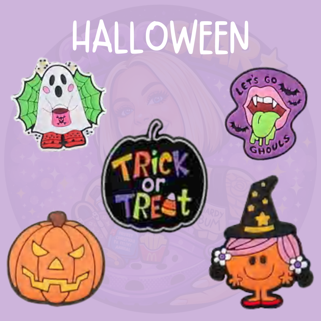 Halloween Croc charms featuring a ghost, jack-o-lantern pumpkin, Trick or Treat design, vampire and witch characters