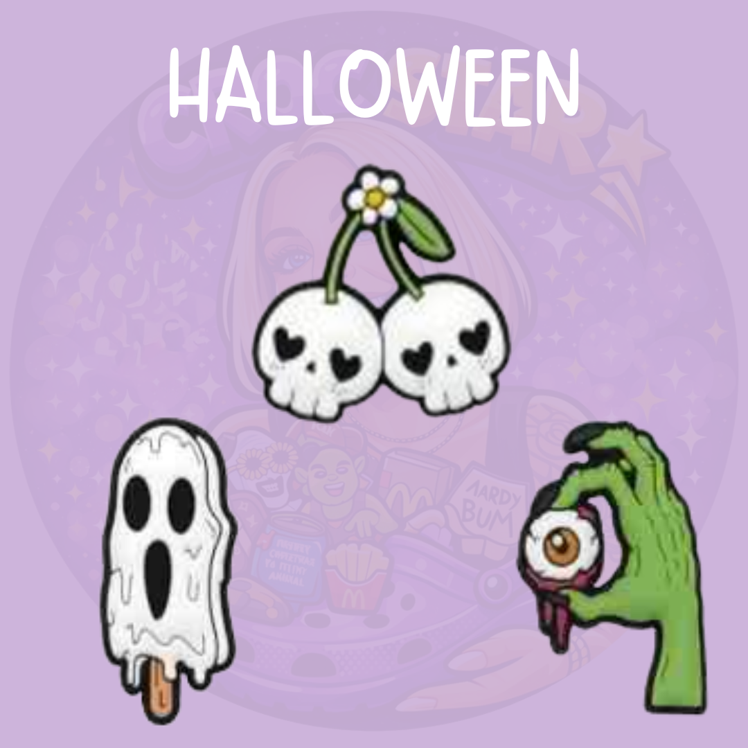 Halloween Croc charms featuring skull cherries, a spooky ghost ice lolly and zombie hand holding an eyeball