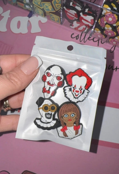 4 Horror Shoe Charms | Scary Movie Inspired Shoe Charm Bundle | Halloween Clog Charms | Spooky Shoe Accessories | Horror Gift