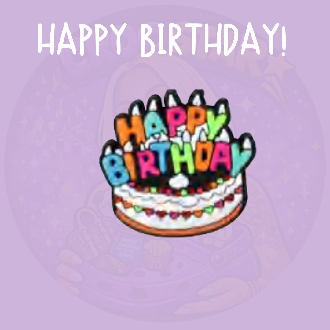 Happy Birthday Croc charm featuring a colourful birthday cake design with birthday lettering