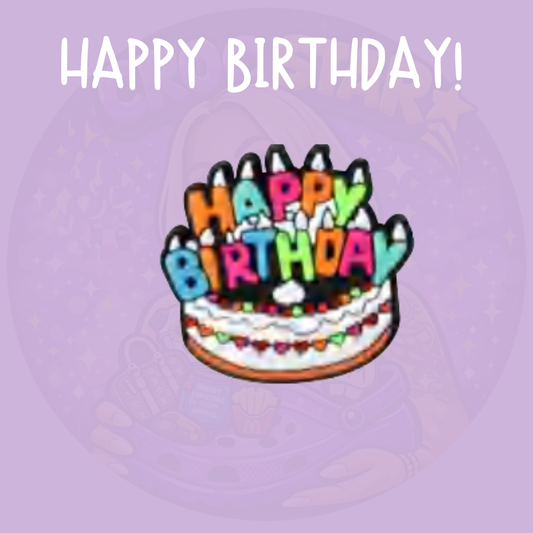 Happy Birthday Croc charm featuring a colourful birthday cake design with birthday lettering