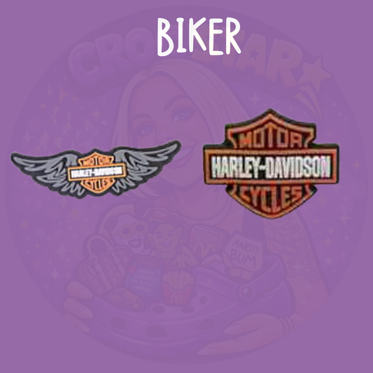 Biker and motorcycle Croc charms featuring classic Harley-Davidson badge and winged logo designs