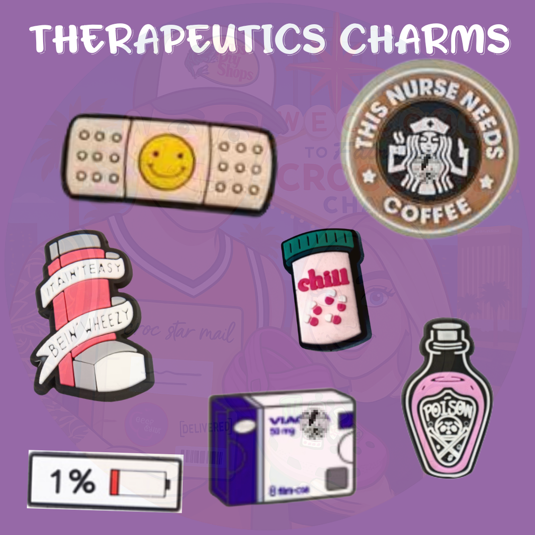 Funny healthcare shoe charms featuring a bandage, nurse coffee design, prescription bottle, low battery symbol, medical box and poison bottle
