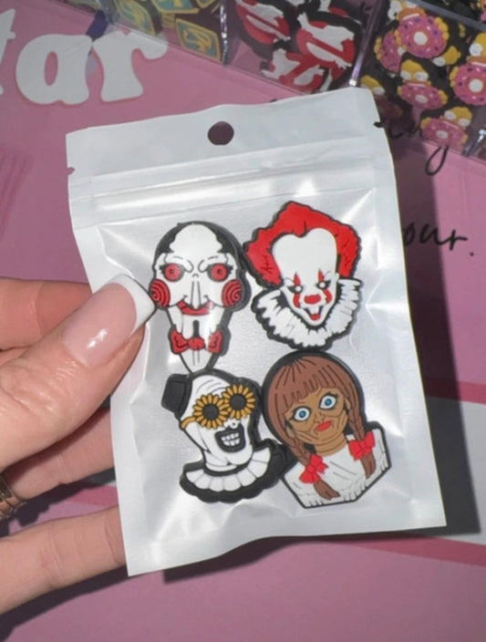4 Horror Shoe Charms | Scary Movie Inspired Shoe Charm Bundle | Halloween Clog Charms | Spooky Shoe Accessories | Horror Gift