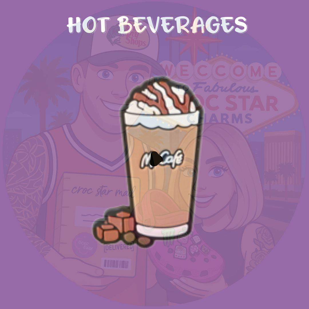 A cozy collection of Croc charms featuring hot coffee designs, including steaming takeaway cups, mugs with foam art, coffee beans, and heart-shaped steam details. Made from soft rubber in warm, earthy tones, these charms add a caffeinated and cozy vibe to any pair of Crocs.