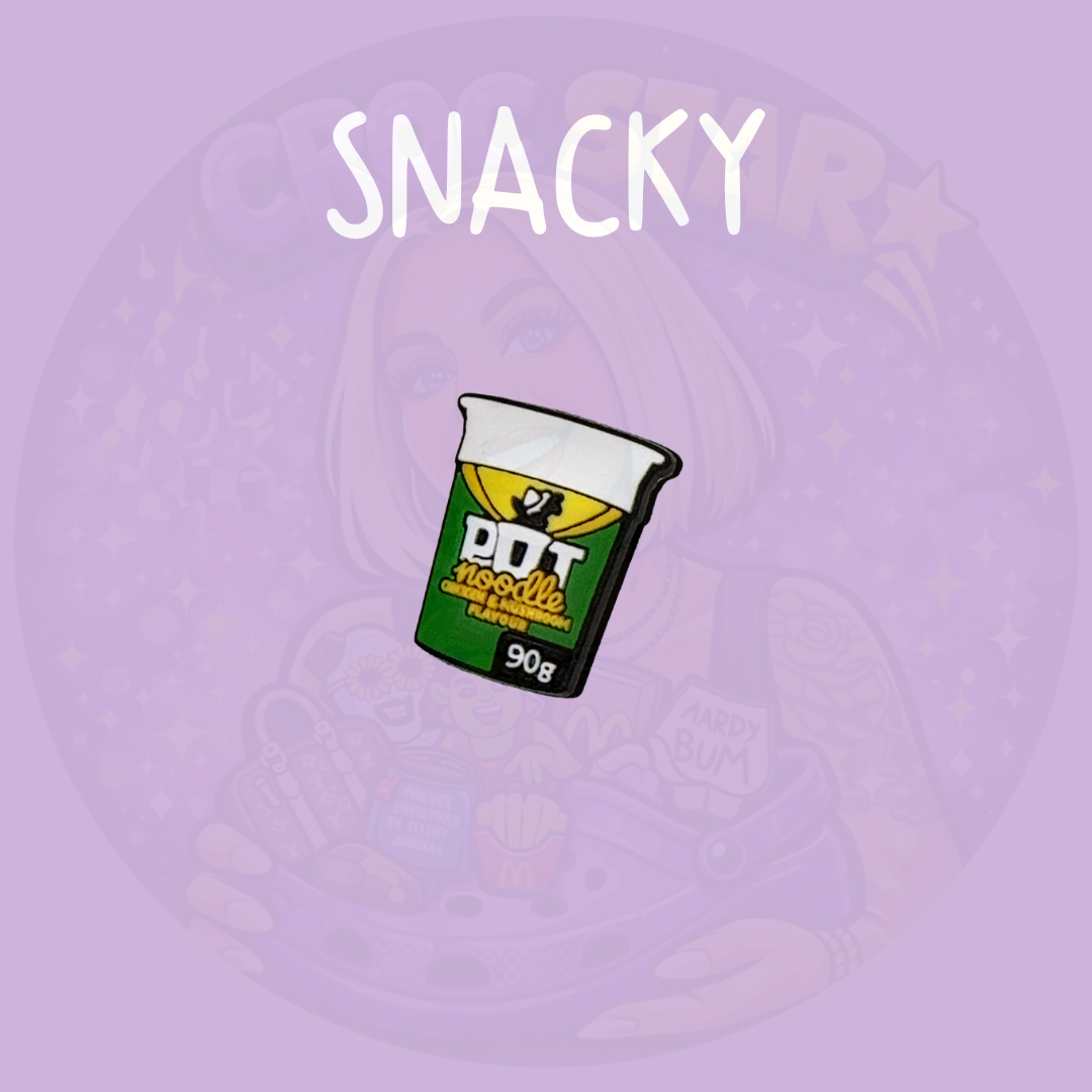Instant noodle cup croc charm with green packaging design