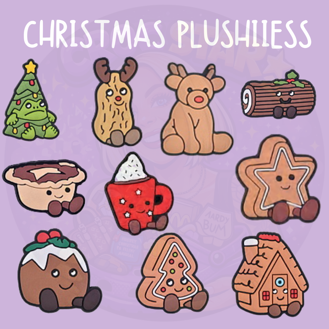 Jellycat Christmas Croc charms featuring a festive tree, reindeer, Christmas pudding, gingerbread house, mince pie and cosy holiday characters