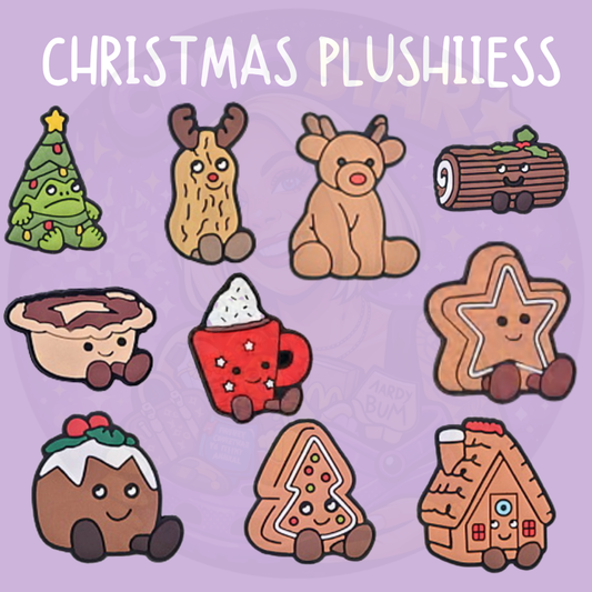 Jellycat Christmas Croc charms featuring a festive tree, reindeer, Christmas pudding, gingerbread house, mince pie and cosy holiday characters