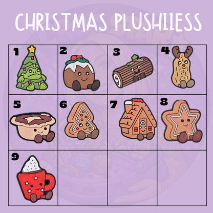 Jellycat Christmas plushie-inspired shoe charms featuring festive Amuseables-style characters including pudding, pie, reindeer, tree and gingerbread house