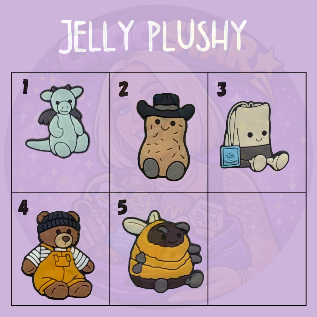 Cute plushie inspired Croc charms featuring teddy bear, dragon, bee and adorable novelty character designs