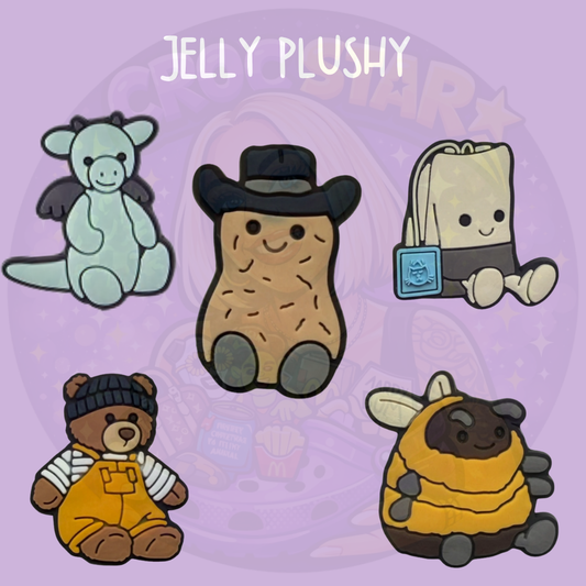 Cute plush toy inspired shoe charms featuring a dragon, cowboy teddy bear, toast character, dressed-up bear and bee