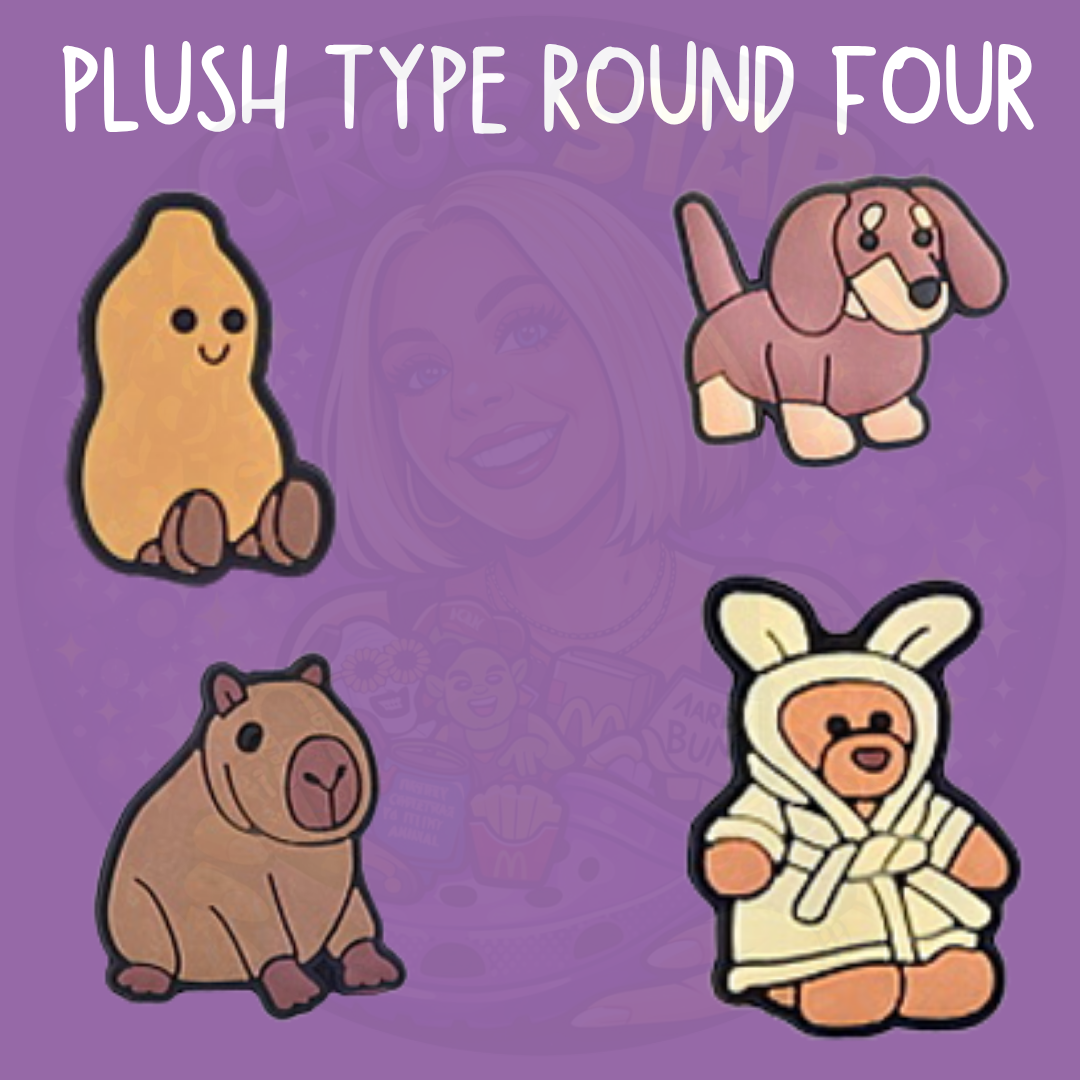 Jellycat plushie Croc charms featuring a cute dog, capybara, fruit character and bear in a bunny-eared bathrobe