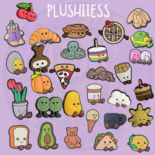 Jellycat plushie Croc charms featuring cute bunny, bear, avocado, fruit, frog, food and animal character designs