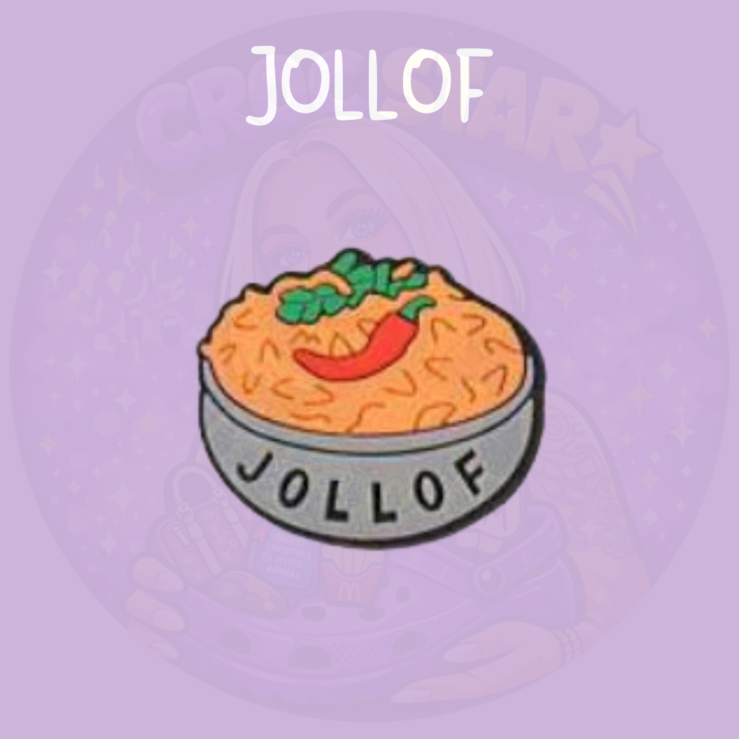 Jollof rice decorative shoe charm featuring orange rice, red pepper and green garnish in a grey bowl
