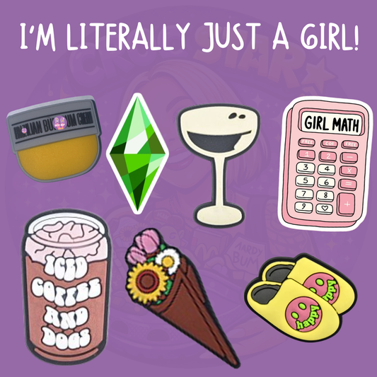 Girly Croc charms featuring Girl Math calculator, green diamond, wine glass, iced coffee, flower cone and colourful footwear, Funny girl-themed shoe charms featuring Girl Math, Sims plumbob, wine, iced coffee and cute floral designs for Crocs