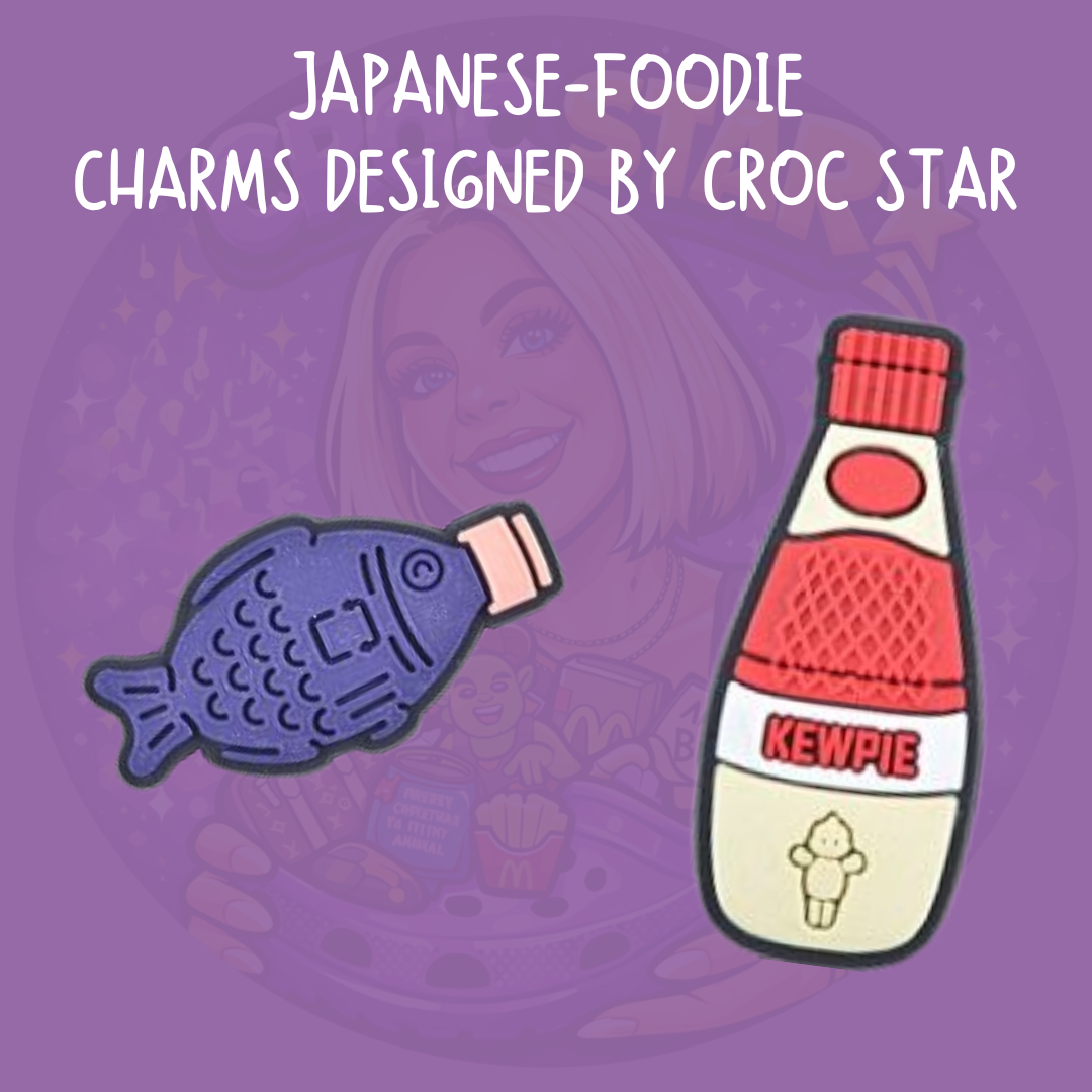 Kewpie Japanese food Croc charms featuring a fish-shaped bottle and red and white condiment bottle