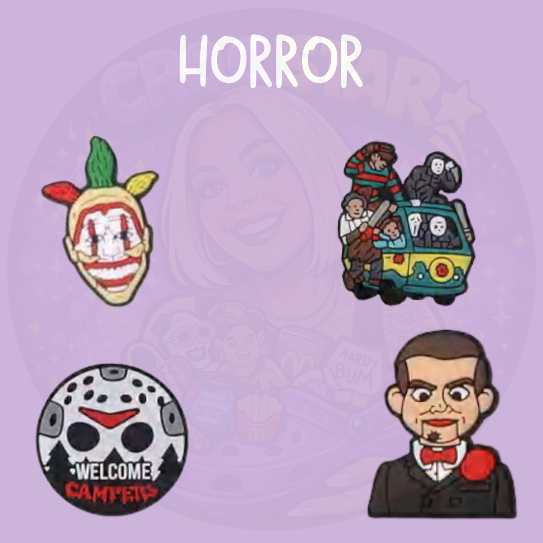 Horror Croc charms featuring Jason, Camp Crystal Lake, Billy the Puppet and creepy clown designs