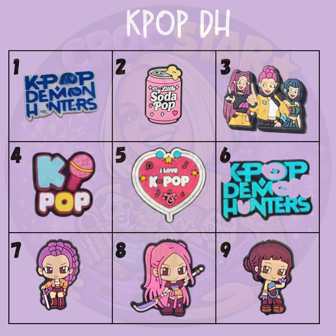 Cute K-pop fantasy shoe charms featuring female demon hunter characters, music accessories and colourful supernatural designs