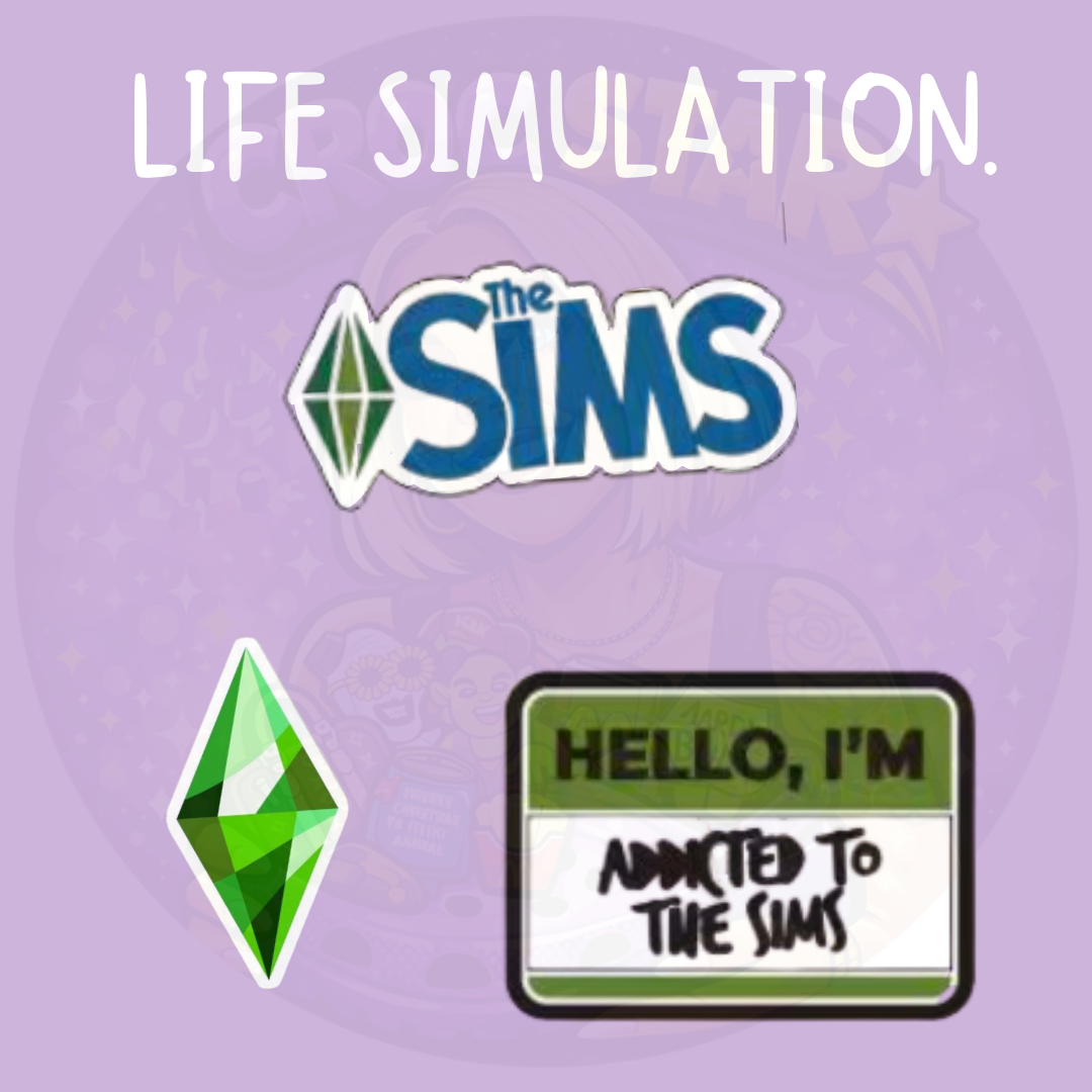 Life simulation gaming shoe charms featuring the iconic green diamond plumbob, The Sims logo and funny addicted to The Sims name tag