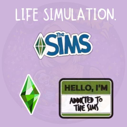 Life simulation gaming shoe charms featuring the iconic green diamond plumbob, The Sims logo and funny addicted to The Sims name tag