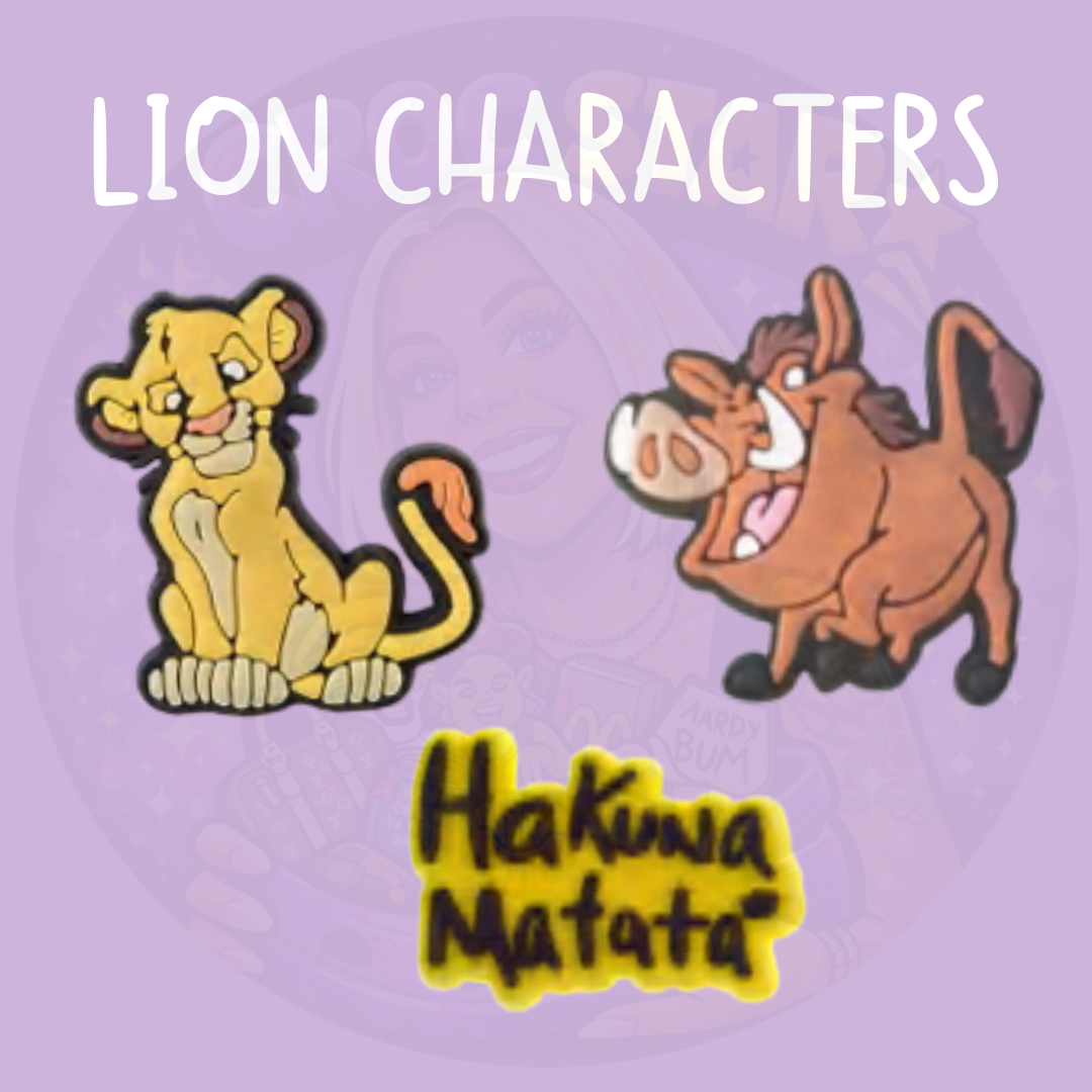 Lion themed cartoon shoe charms featuring a young lion, funny meerkat character and Hakuna Matata phrase