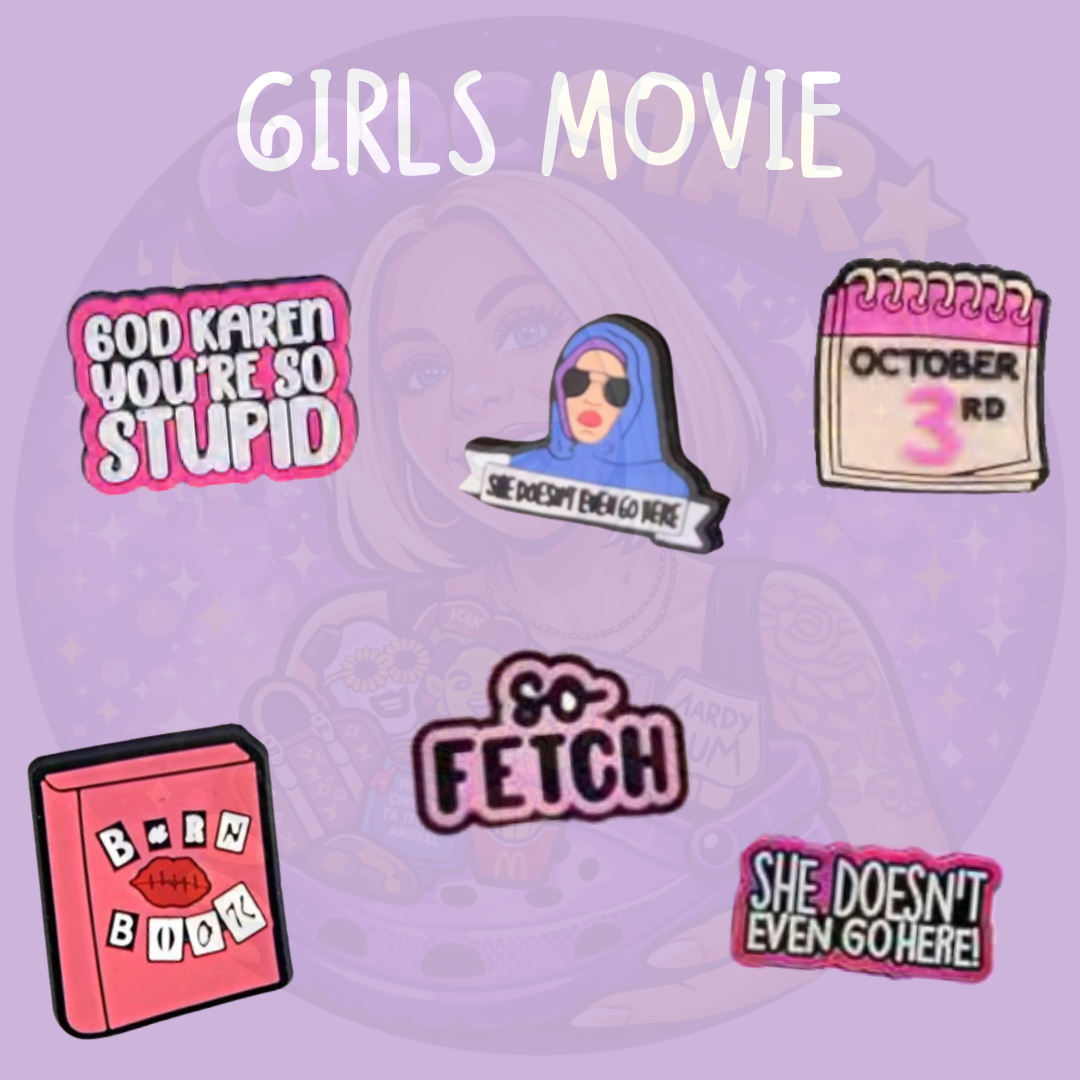 pink girls movie inspired Croc charms featuring funny quotes, October 3rd calendar, pink keepsake book and character designs