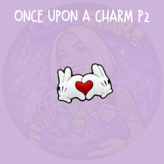 Mickey Mouse style white cartoon glove hands forming a red heart Croc charm
