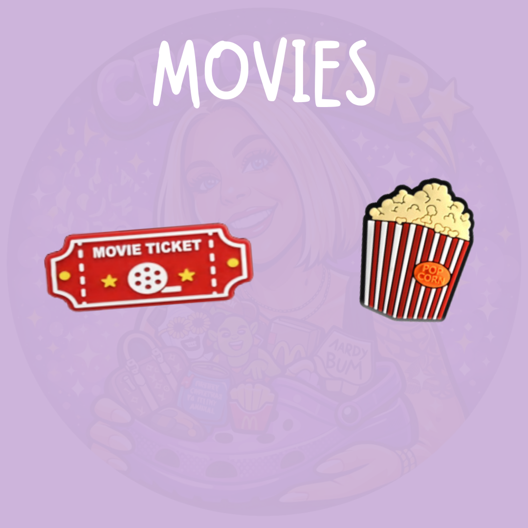 Movie night Croc charms featuring a red cinema ticket and popcorn bucket shoe charms