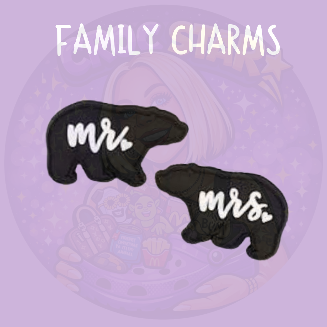 Mr and Mrs Croc Charm Set featuring two matching black couple shoe charms