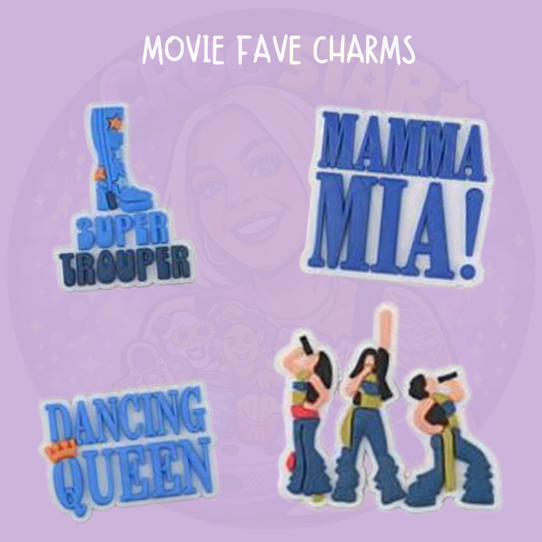 Musical themed croc charms featuring dancing silhouettes and retro song inspired text designs on a purple background