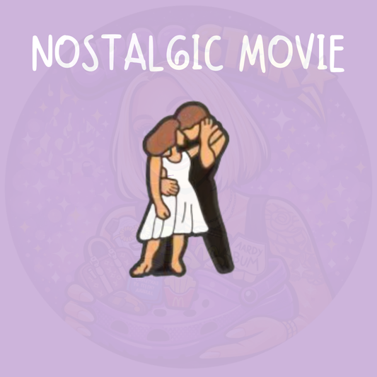 Nostalgic dance movie shoe charm featuring a romantic couple dancing in an iconic lift scene