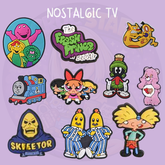Nostalgic TV Croc charms featuring Barney, Fresh Prince, Thomas the Tank Engine, Powerpuff Girls and retro cartoon characters