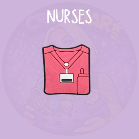 Pink nurse scrubs croc charm with uniform design and badge detail on a purple background