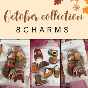 October monthly charm pack featuring eight colourful autumn-themed shoe charms in seasonal packaging.