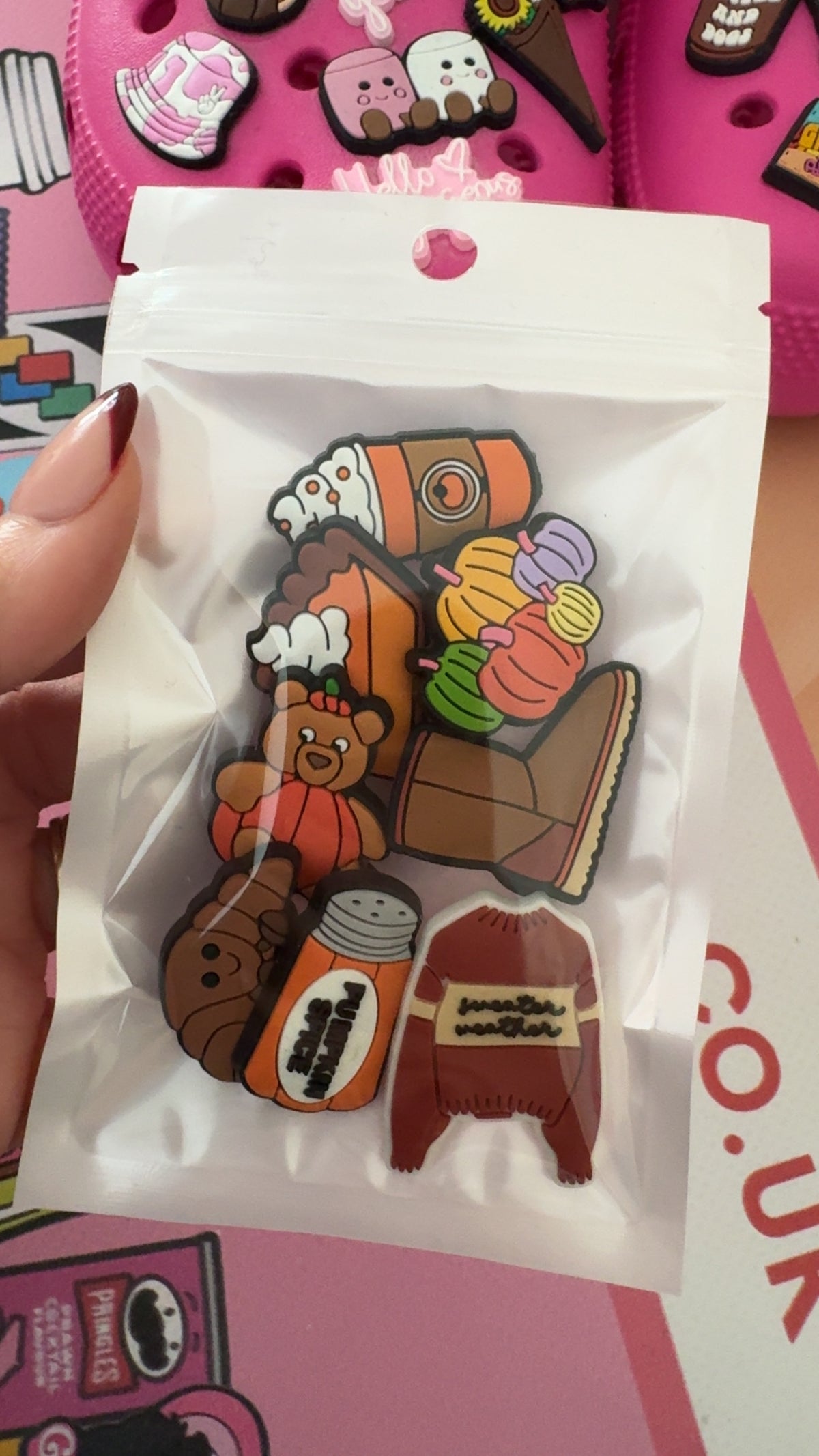 Eight brand new autumn shoe charms including pumpkins, coffee, pumpkin pie, a teddy bear, croissant, sweater and boot.