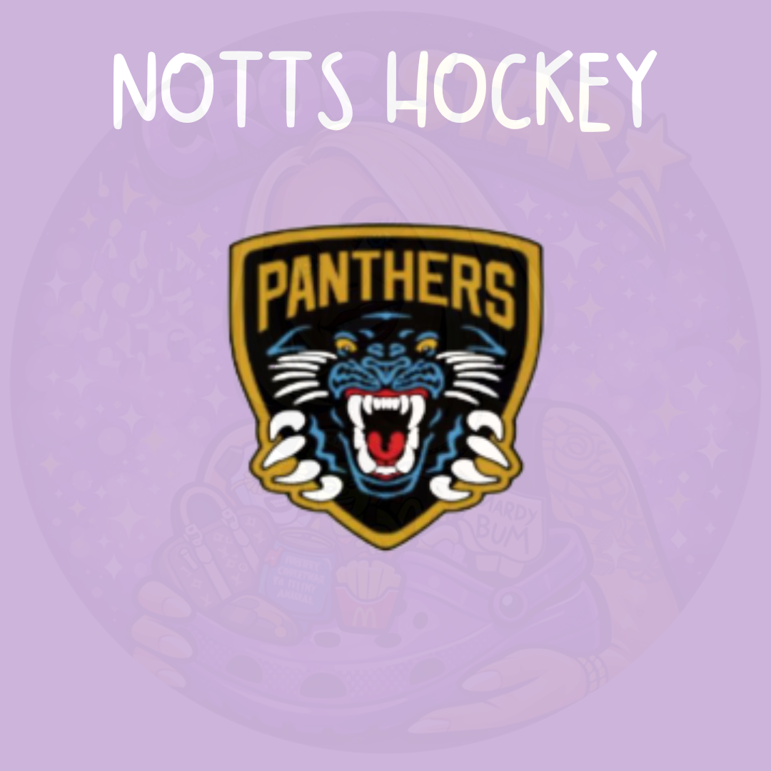 Black and gold panther ice hockey inspired croc charm with fierce panther face design on shield style background