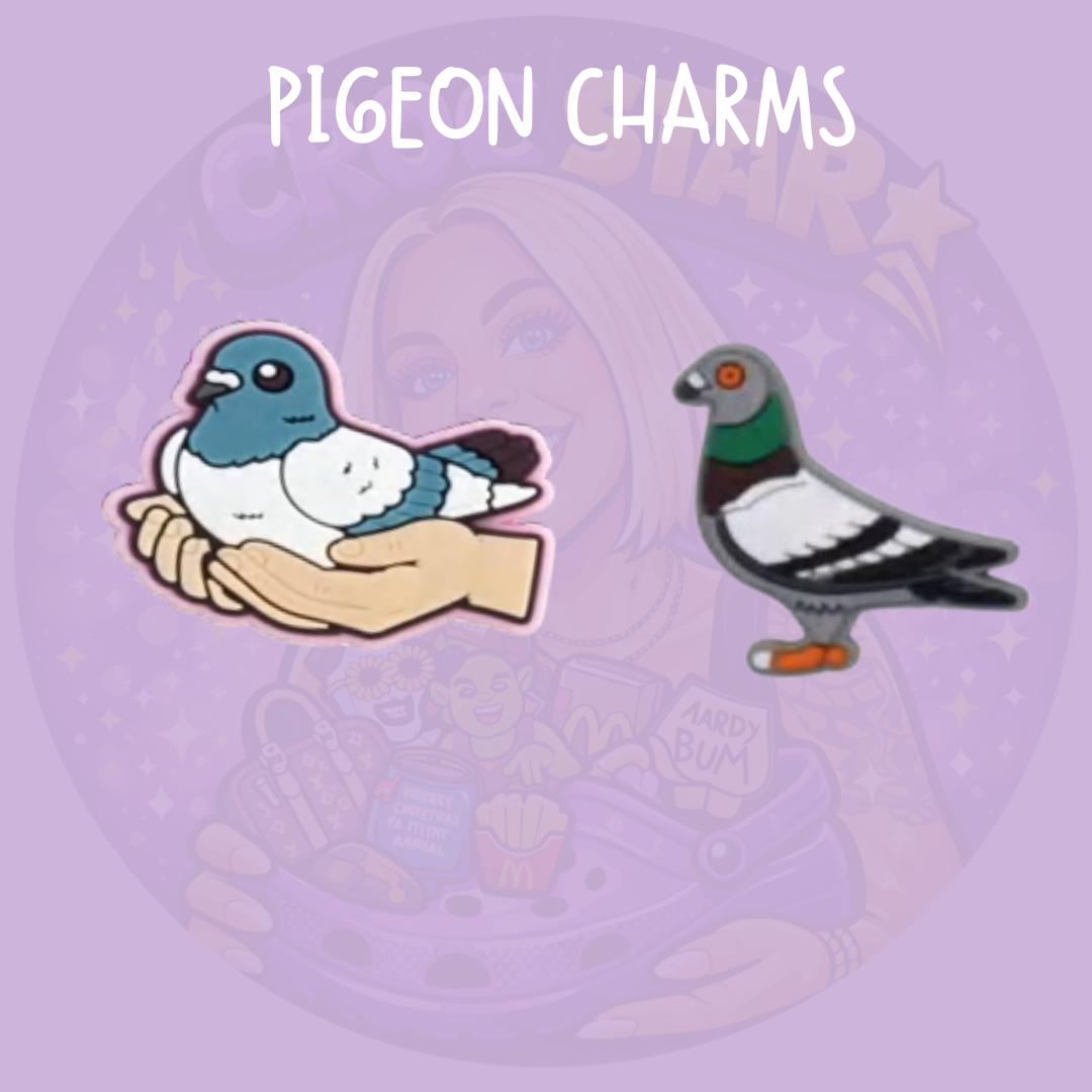 Pigeon Croc charms featuring a cute blue and white pigeon and realistic city pigeon bird designs