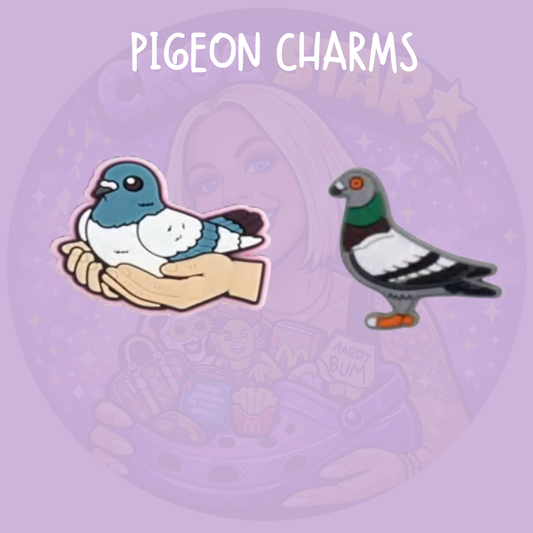 Pigeon Croc charms featuring a cute blue and white pigeon and realistic city pigeon bird designs