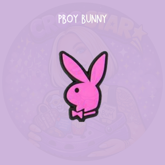 Pink playboy bunny croc charm with a cute minimalist design on a purple background