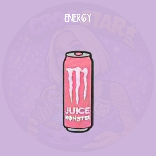 Pink energy drink inspired croc charm with can design and bold white graphic on a purple background
