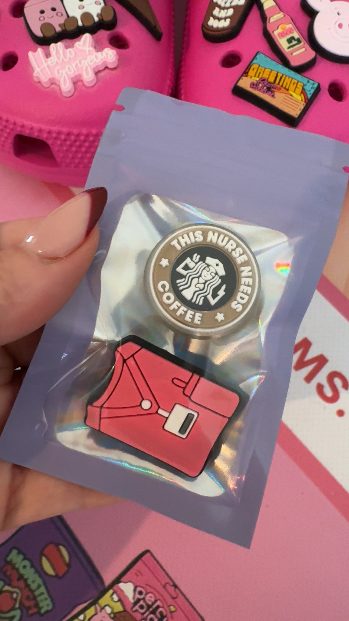 Nurse and coffee Croc charm set featuring pink scrubs and coffee design
