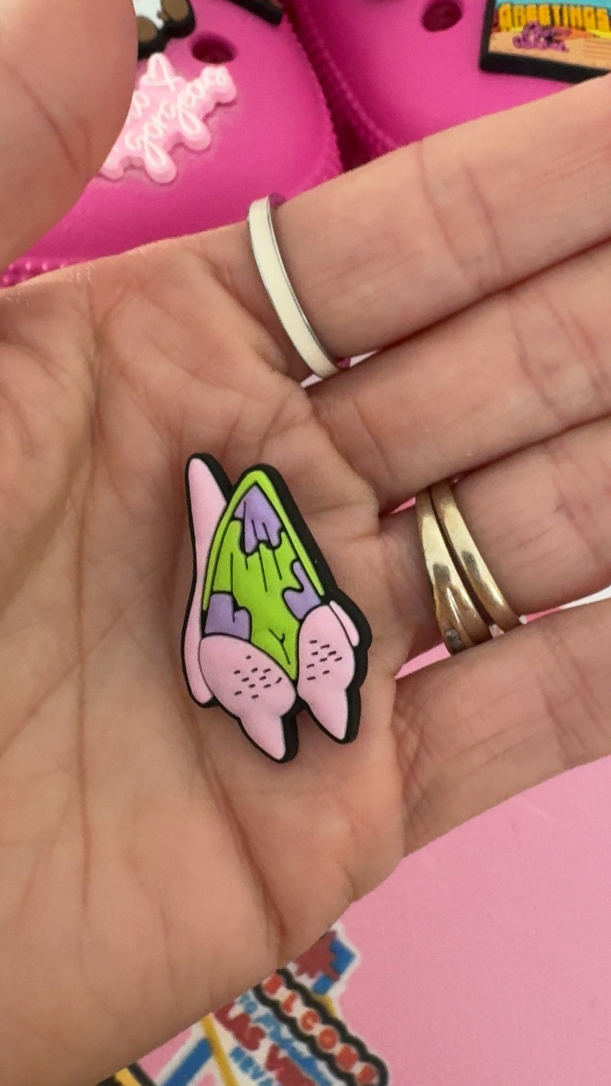 Yellow sponge and pink starfish croc-style shoe charms