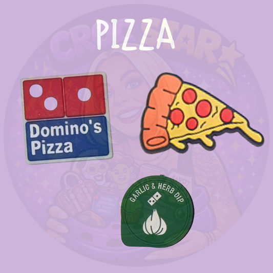 Pizza themed croc charms featuring a cheesy slice, dipping sauce and takeaway style design on a purple background